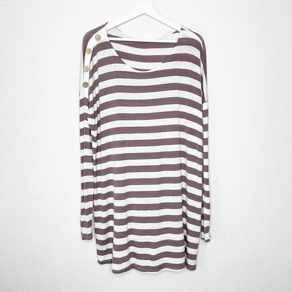 Mon Ami USA Brown and Cream Striped Button Shoulder Tunic Top L - Picture 2 of 10